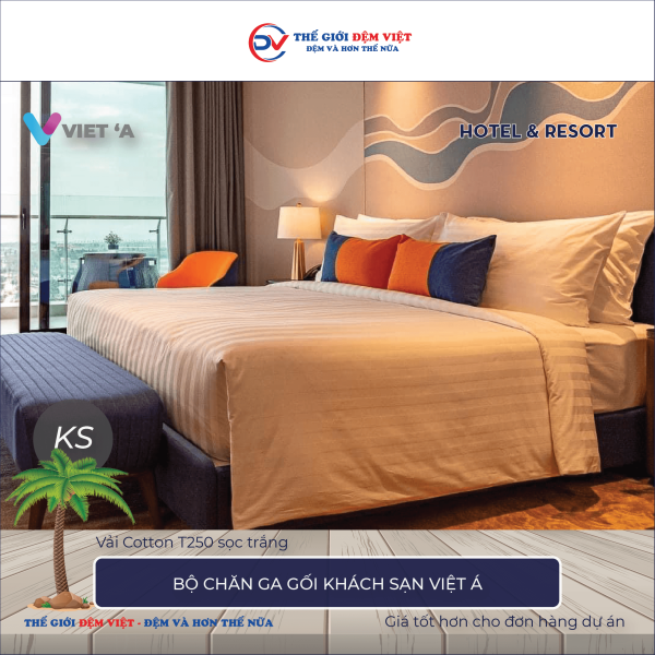 Bộ chăn ga gối khách sạn Việt Á Cotton T250 sọc trắng